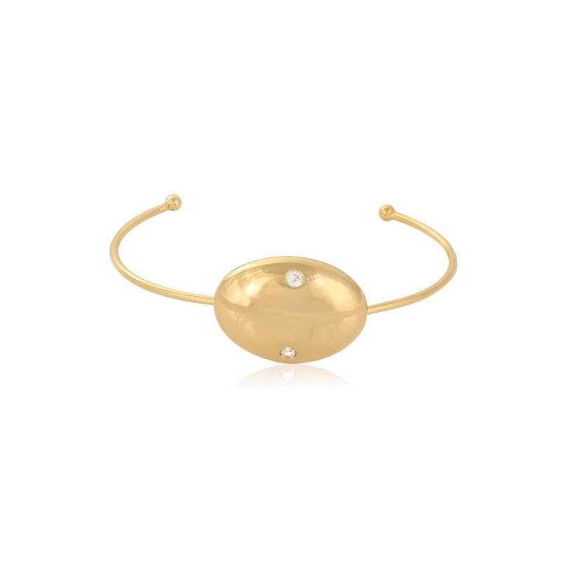 Bracelete Oval Luxuoso Folheado a Ouro com Duas Zircônias Brilhantes Semijoia Elegante