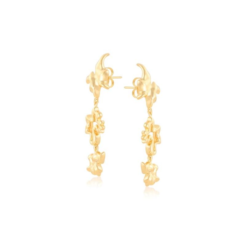 Brinco Folheado Ouro Orgânico Articulado 3 Partes Design Fluido Elegante Moderno Pelizari
