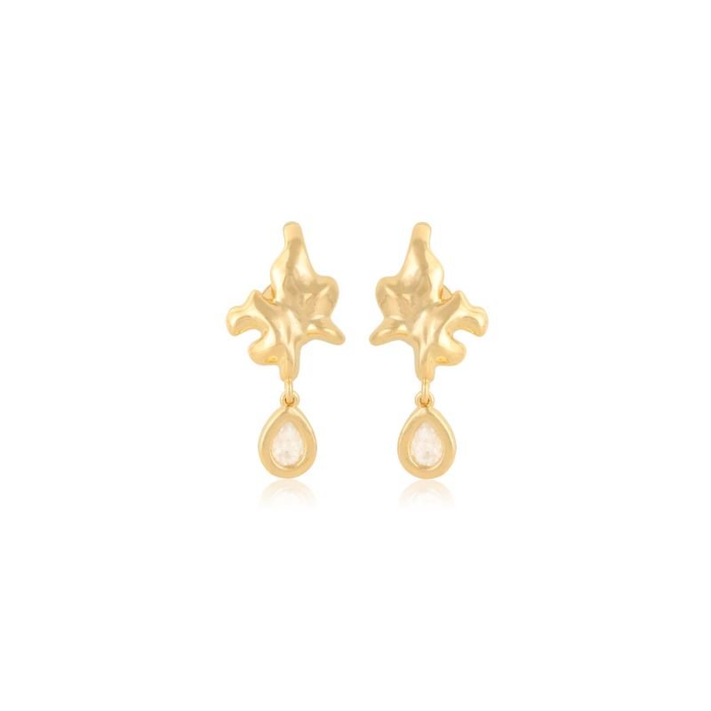 Brinco Gota Orgânico Folheado a Ouro, Design Clássico, Pedra Lapidada, Duradouro